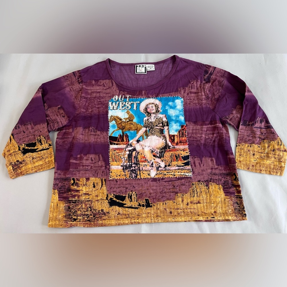 VTG 90s Take Two Knit Beaded Top Out West Wild Cowgirl Horse Graphic‎ Shirt
